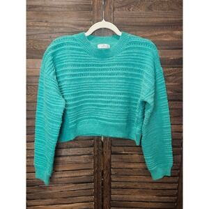 Habit Sweater Large Teal Green Pointelle Knit Cropped Crew Neck Pullover #863